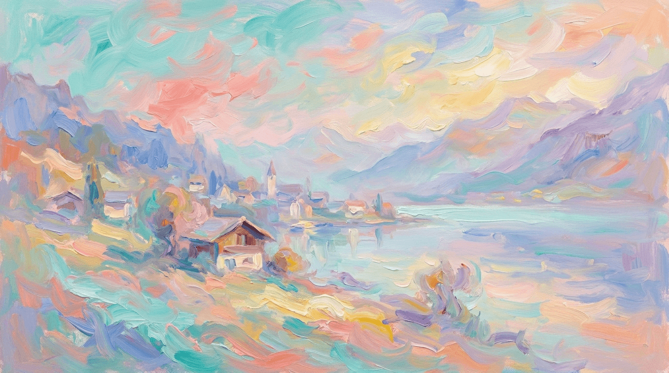 Paysage suisse impressionniste aux tons pastel : chalet et montagnes dans la brume