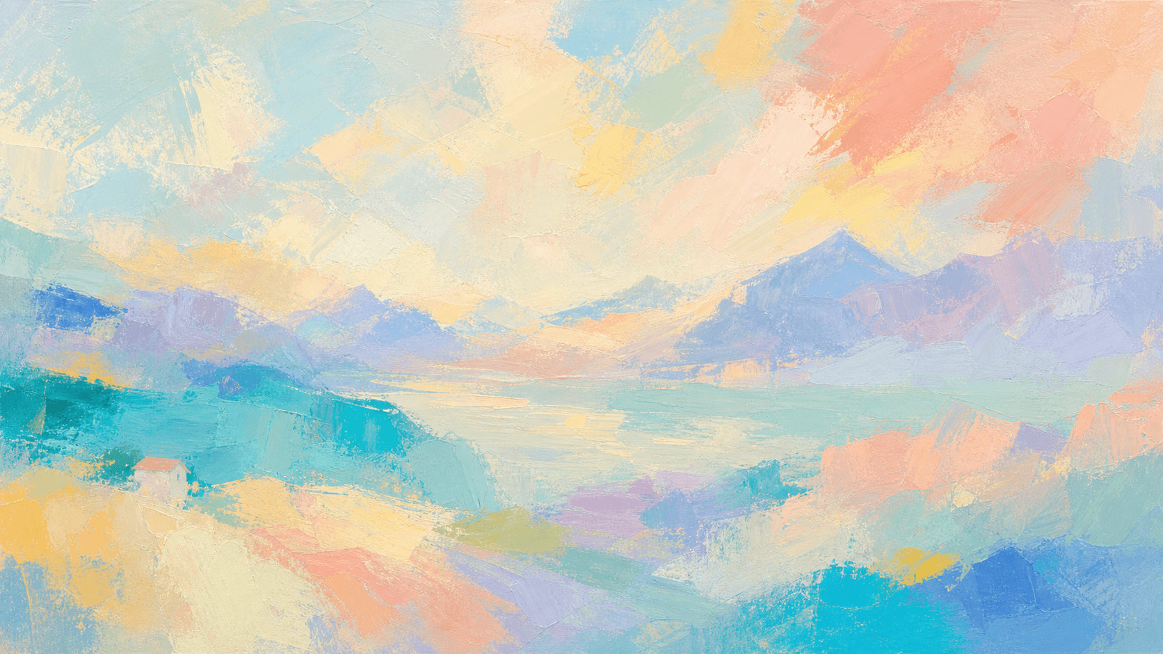 Composition picturale abstraite aux tons pastel, avec montagnes, lac et petite maison à peine suggérés