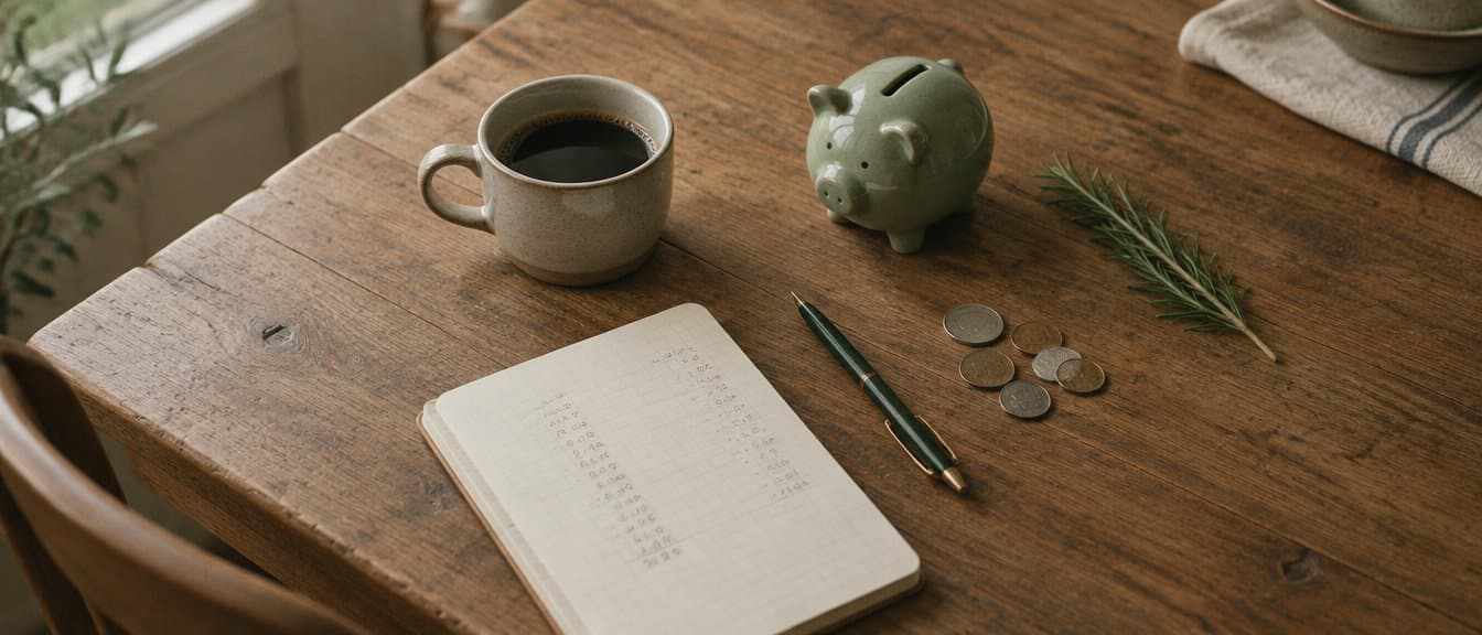 Une table de cuisine, un carnet et une tirelire