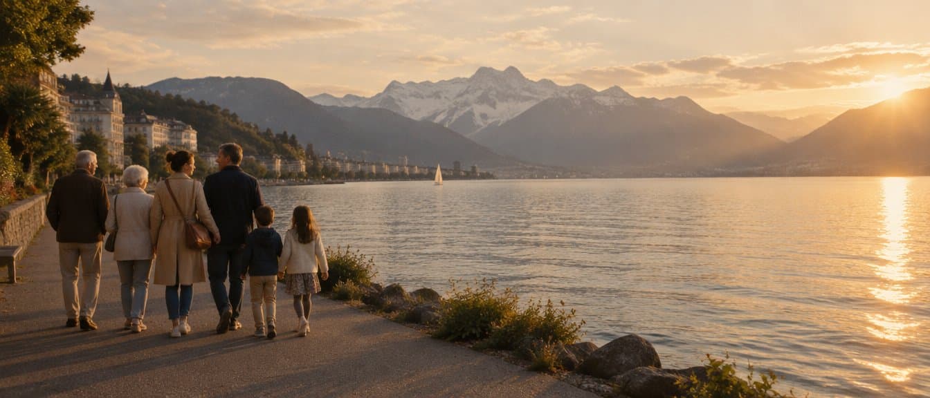 Une famille de trois générations au bord du Léman
