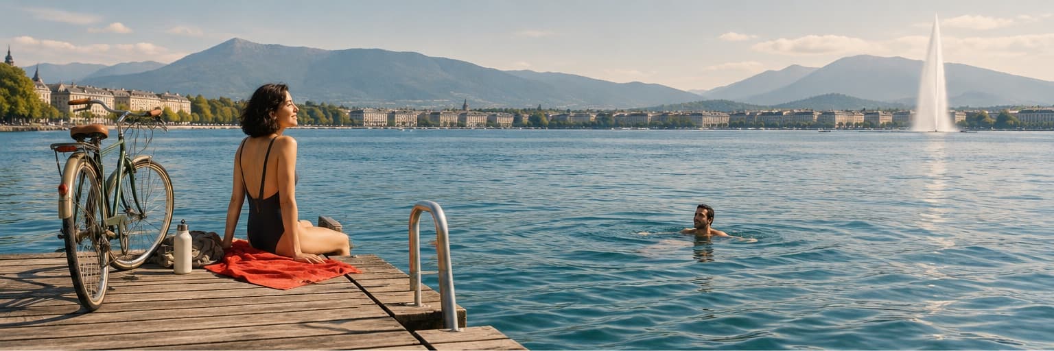 Une jeune femme au bord du lac, un vélo posé près d'elle
