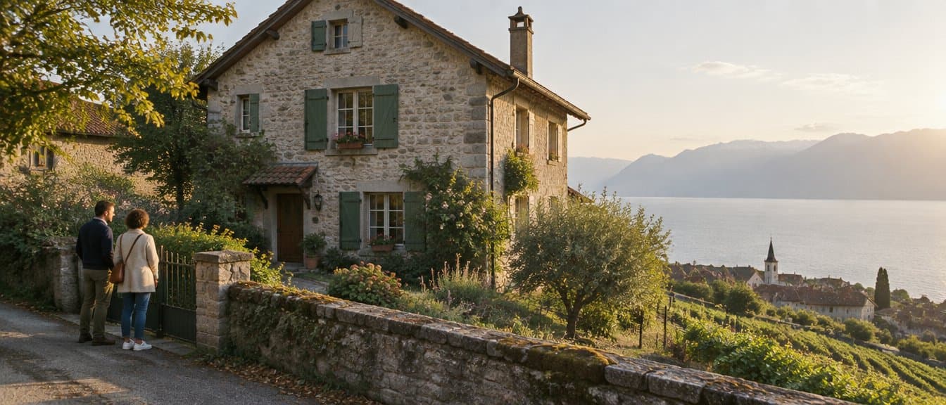 Un couple devant une maison de village au-dessus du Léman