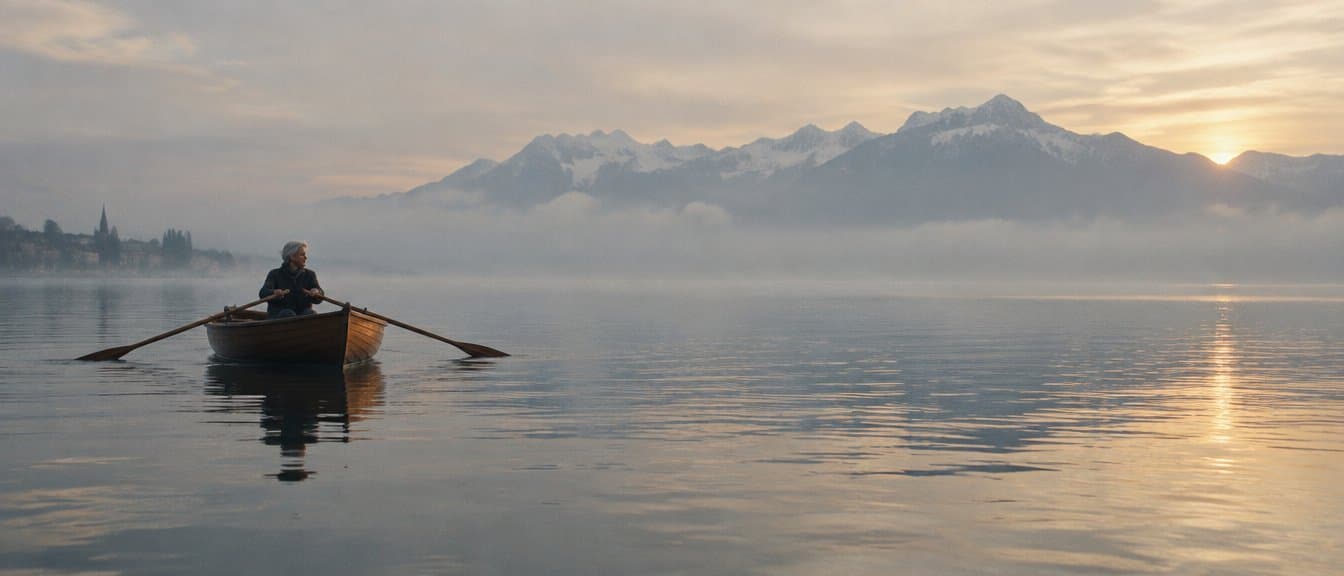 Une femme rame seule sur le Léman au petit matin