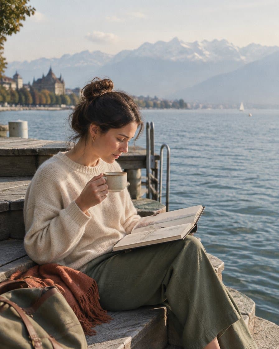 Une femme lit au bord du lac, un café à la main
