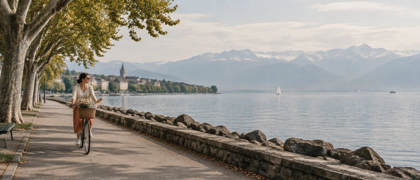 Une femme à vélo sur les quais du Léman, un vendredi matin
